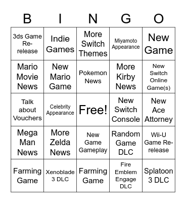 Nintendo Direct Bingo Card