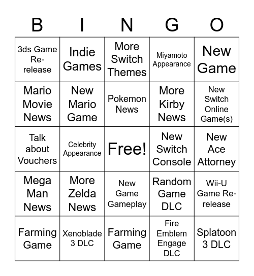 Nintendo Direct Bingo Card