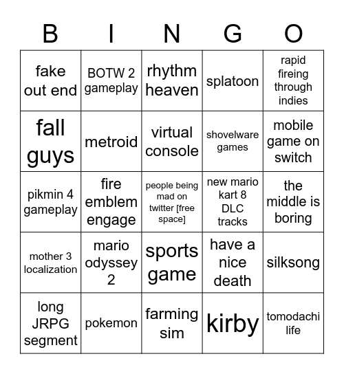 nintendo direct Bingo Card