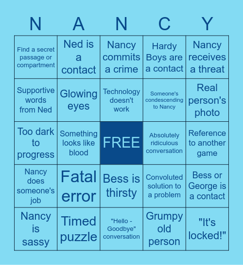 Nancy Drew Game Bingo Card