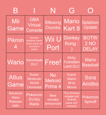 Nintendo Direct 2/8/2023 Bingo Card
