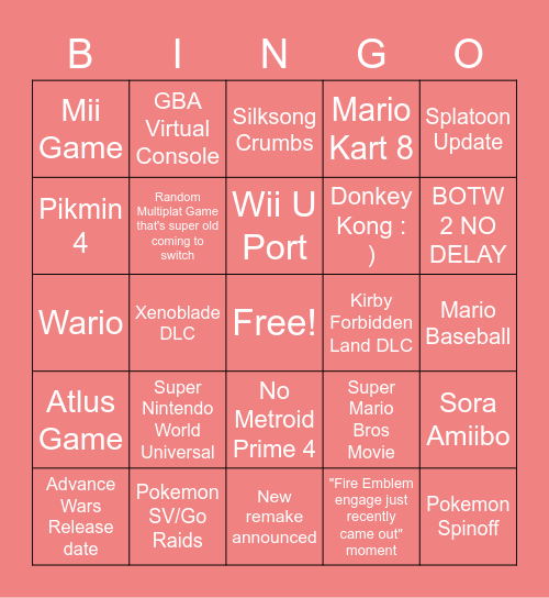 Nintendo Direct 2/8/2023 Bingo Card