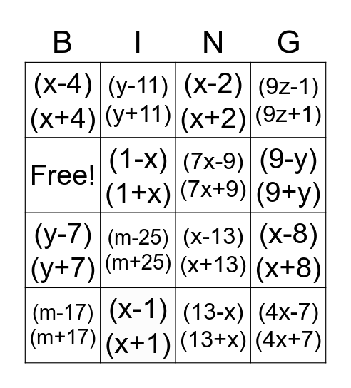 ผลต่างกำลังสอง Bingo Card
