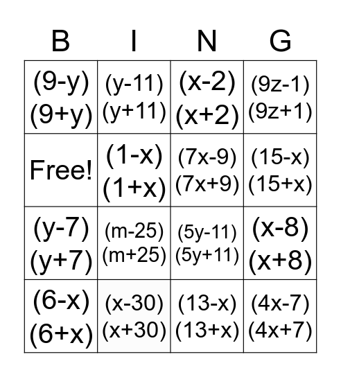 ผลต่างกำลังสอง Bingo Card