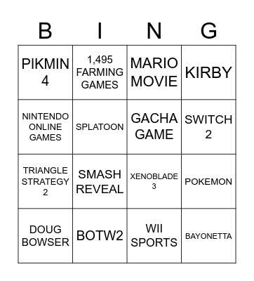 Nintendo Direct: The Inbound Disappointment Bingo Card