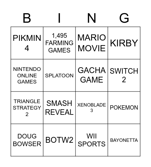 Nintendo Direct: The Inbound Disappointment Bingo Card