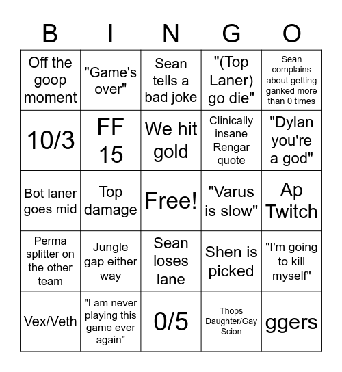 Sean plays bingo 2 Bingo Card