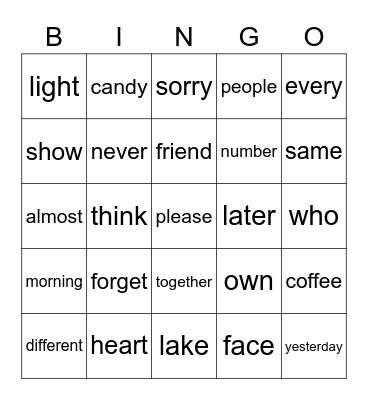 Sight Word Bingo Card