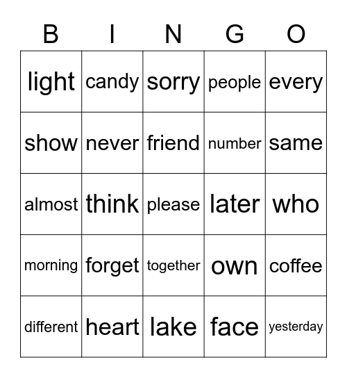 Sight Word Bingo Card