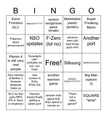 Nintendo Direct Bingo Card Bingo Card
