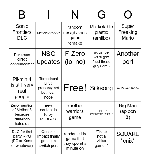 Nintendo Direct Bingo Card Bingo Card