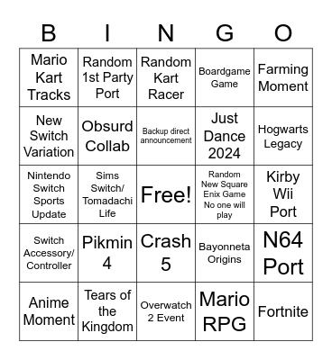 Nintendo Direct Bingo Card