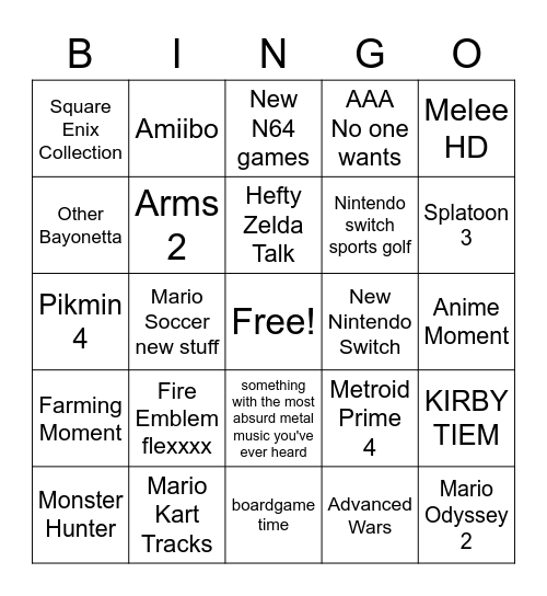 Nintendo Direct Bingo Card