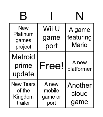 Nintendo Direct Feb. 2023 Bingo Card