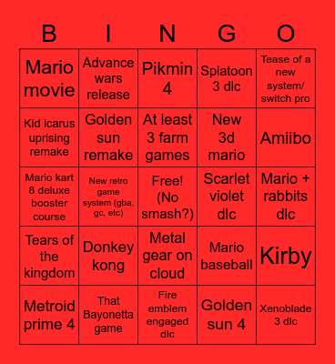 Nintendo direct Bingo Card