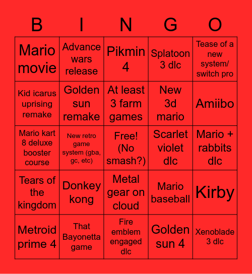 Nintendo direct Bingo Card