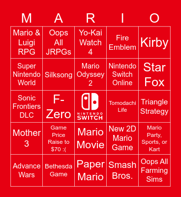 Nintendo Direct 2023 Bingo Card