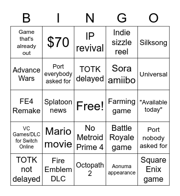 NINTENDO WOOHOO Bingo Card