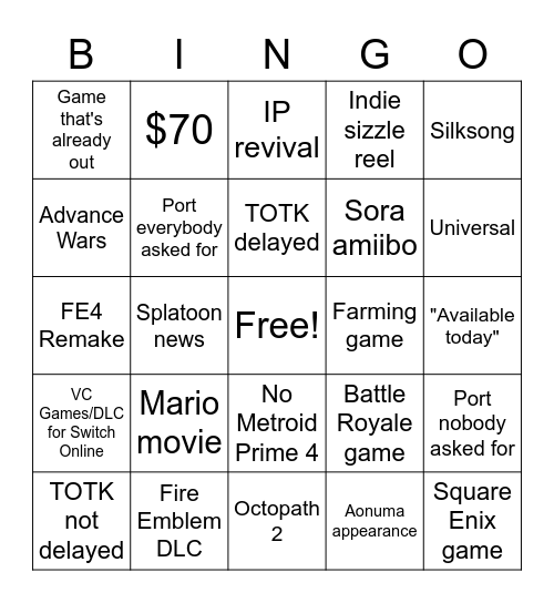 NINTENDO WOOHOO Bingo Card