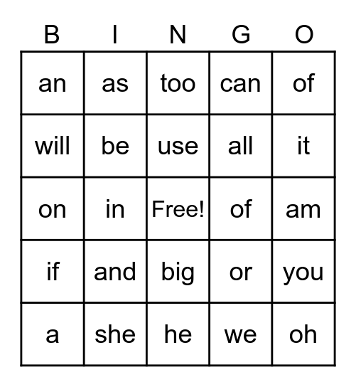Two and Three Letter Bingo Card