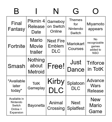 Nintendo Direct 9/2/23 Bingo Card