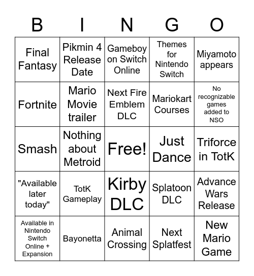 Nintendo Direct 9/2/23 Bingo Card