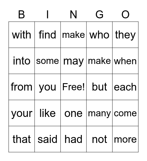 three and four letter bingo Card