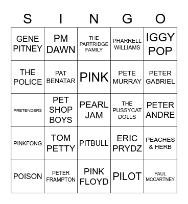 387 ARTISTS STARTING WITH P Bingo Card