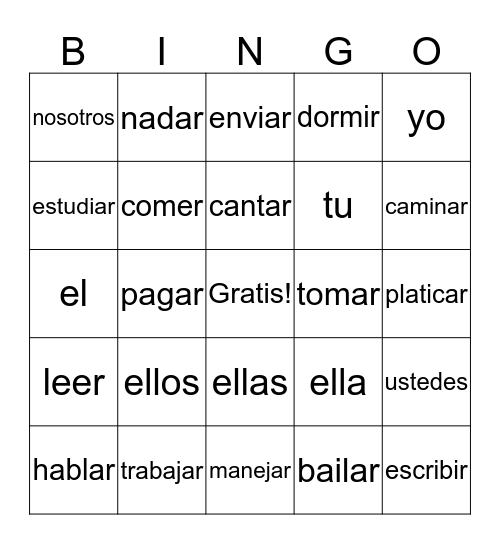 verbos y pronombres Bingo Card