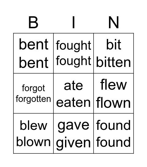 IRREGULAR VERBS Bingo Card