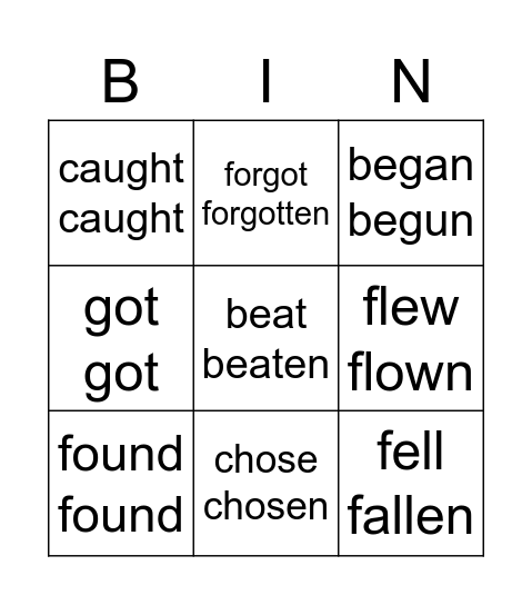 BINGO - IRREGULAR VERBS Bingo Card