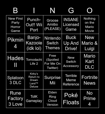 Nintendo Direct Bingo Card