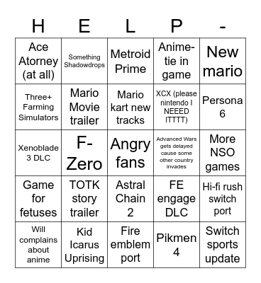 Nintendo Direct Bingo Card