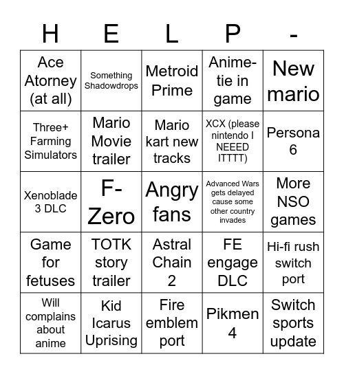 Nintendo Direct Bingo Card