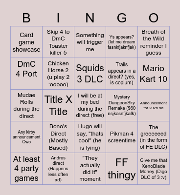 Nintendo Direct Bingo (Waf) Bingo Card