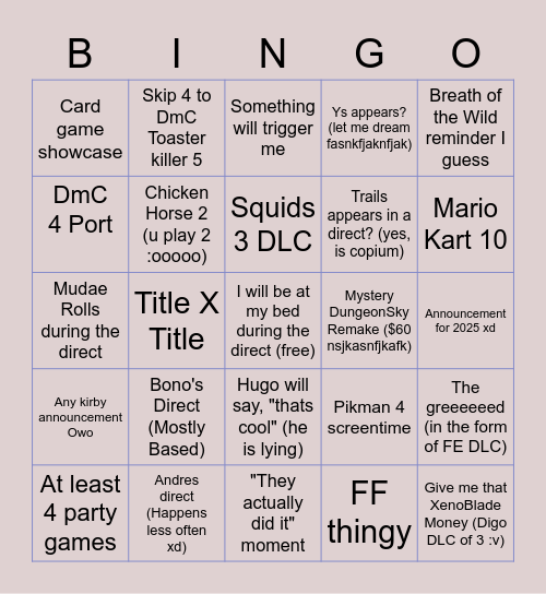 Nintendo Direct Bingo (Waf) Bingo Card