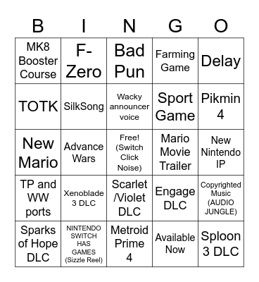 Nintendo Direct Bingo Card