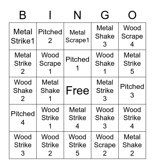 Percussion Bingo Card