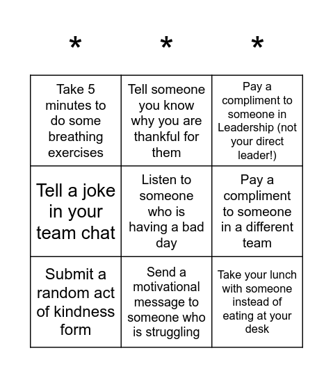 Random Act of Kindness Bingo Card