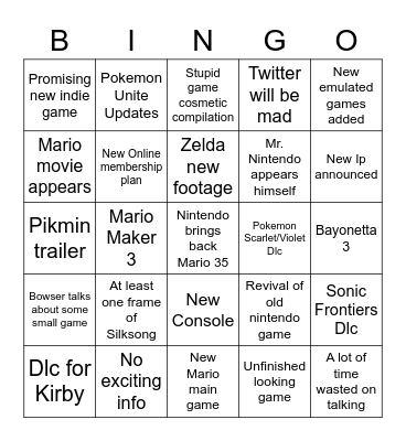 Nintendo 08.02 direct Bingo Card