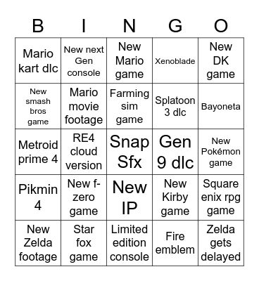 Nintendo direct Bingo Card