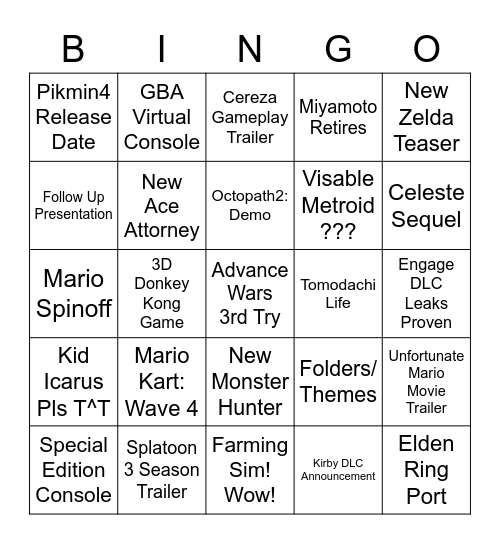 Nintendo Direct Bingo Card