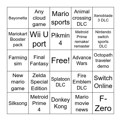 Nintendo Direct 2/8./23 Bingo Card