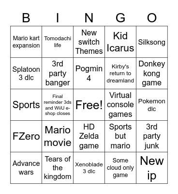 Nintendo direct bingo Card