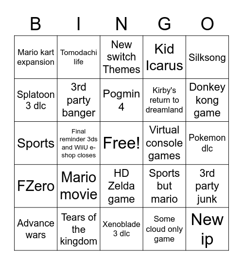 Nintendo direct bingo Card