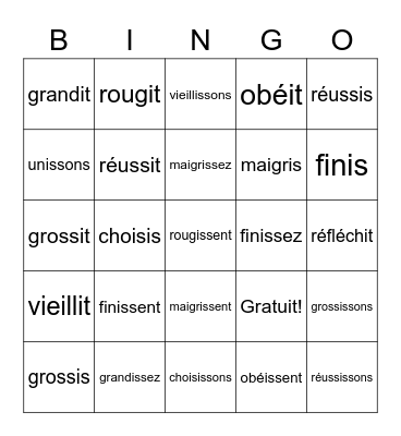 French -ir verbs Bingo Card