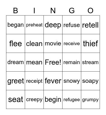 Long e Patterns Bingo Card