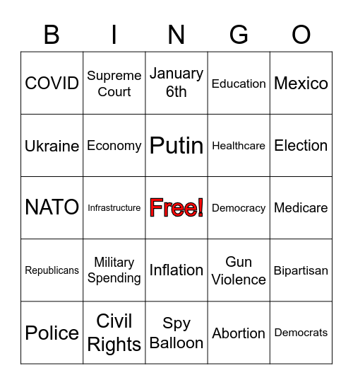 State of The Union Bingo Card