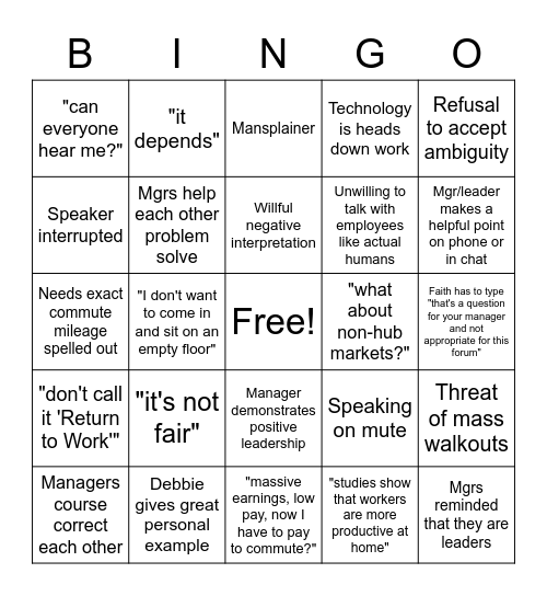 RTW Emotional Support Bingo Card
