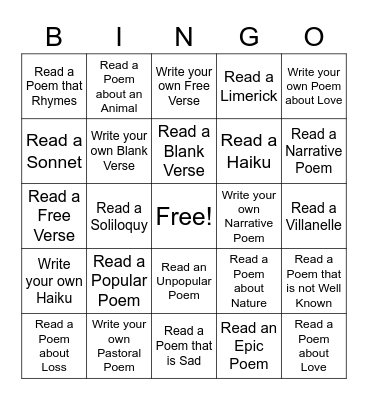 National Poetry Month Challenge Bingo Card